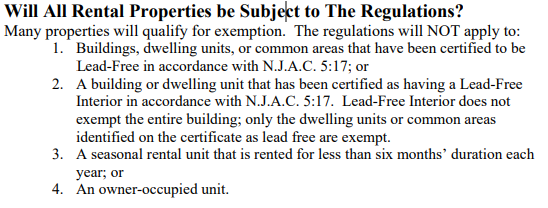 NJ lead safe law exemptions