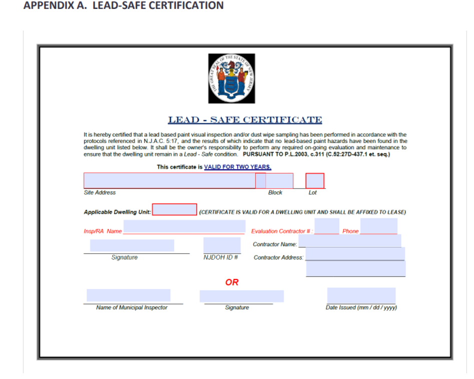 New Jersey Lead Safe Certificate