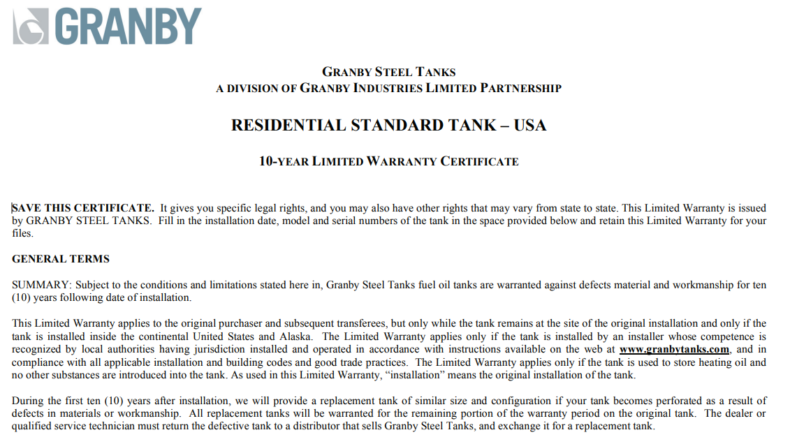oil tank warranty